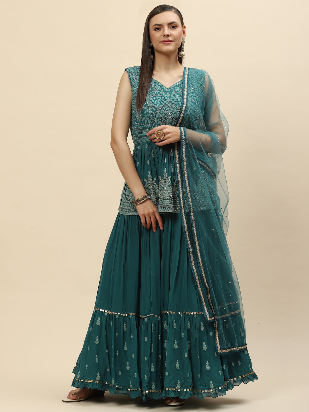Resham Zari Embroidered Georgette Peplum Choli With Lehenga &amp; Dupatta