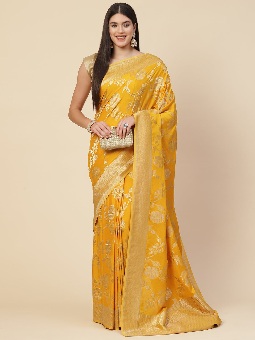 Floral Zari Jaal Crepe Plain Saree
