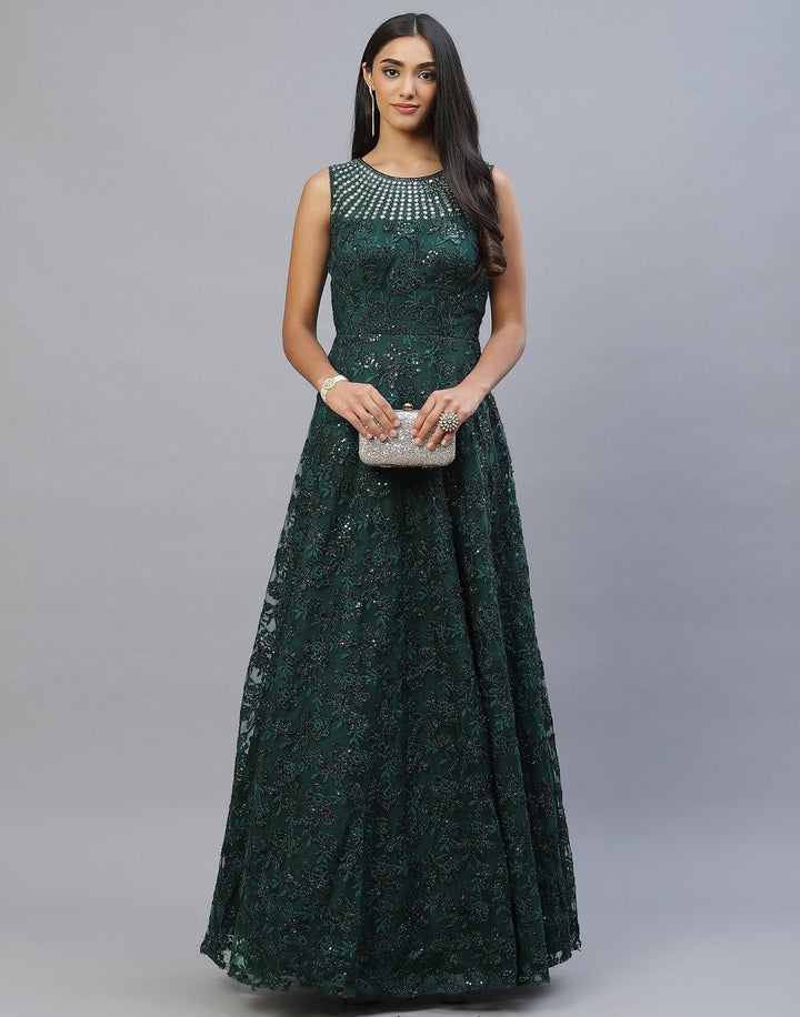 Bottle Green Lace Long Dress