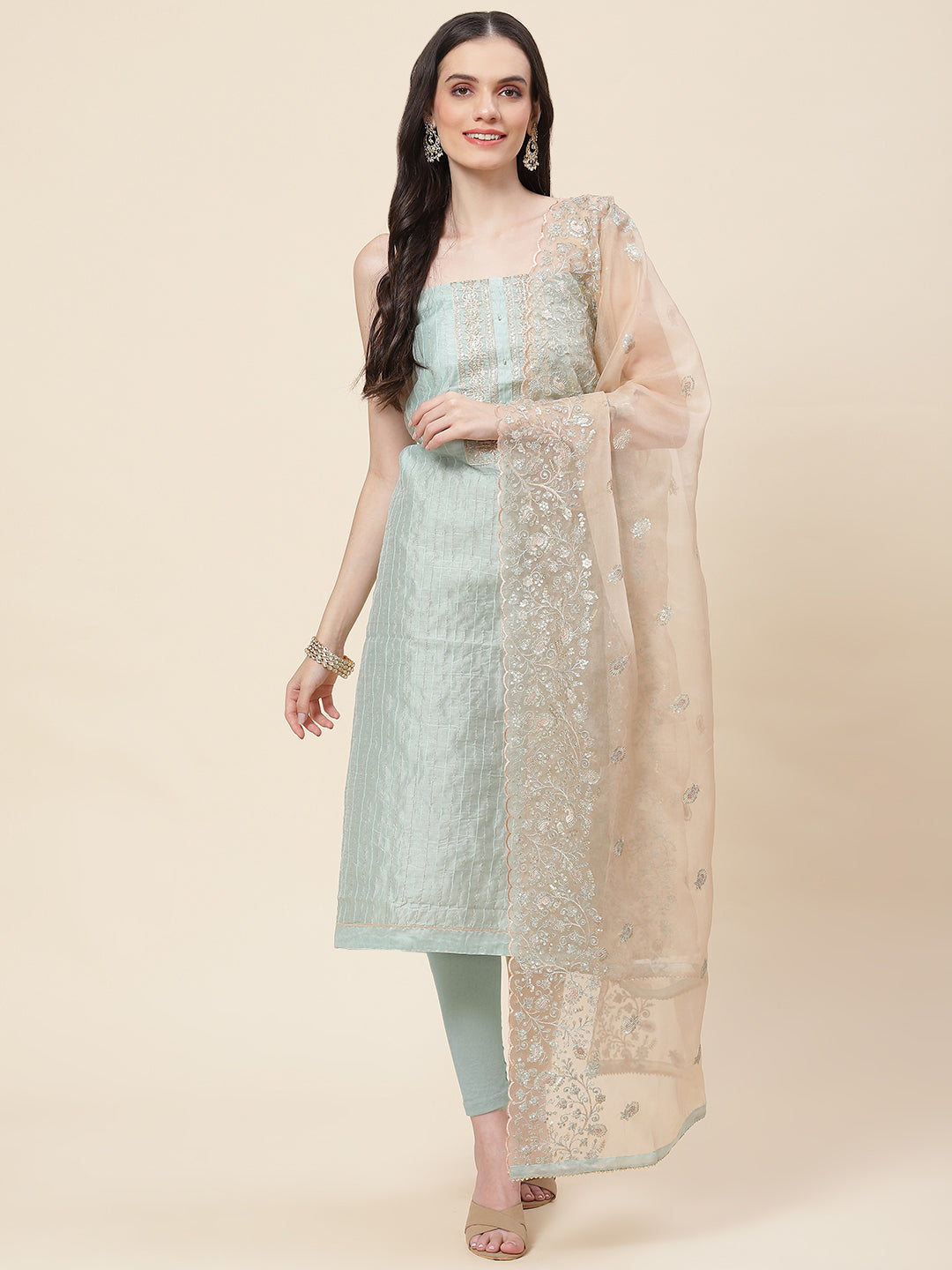 Neck Embroidered Chanderi Unstitched Suit Piece With Dupatta