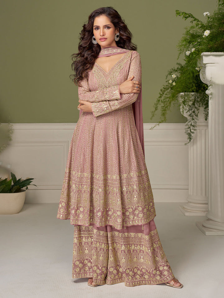 Embroidered Geogrette Kurta With Plazzo &amp; Dupatta