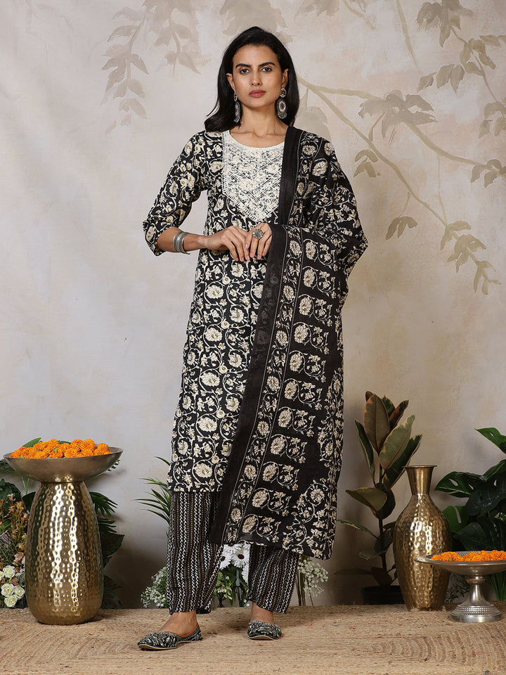 Printed Cotton Blend Kurta With Pants &amp; Dupatta