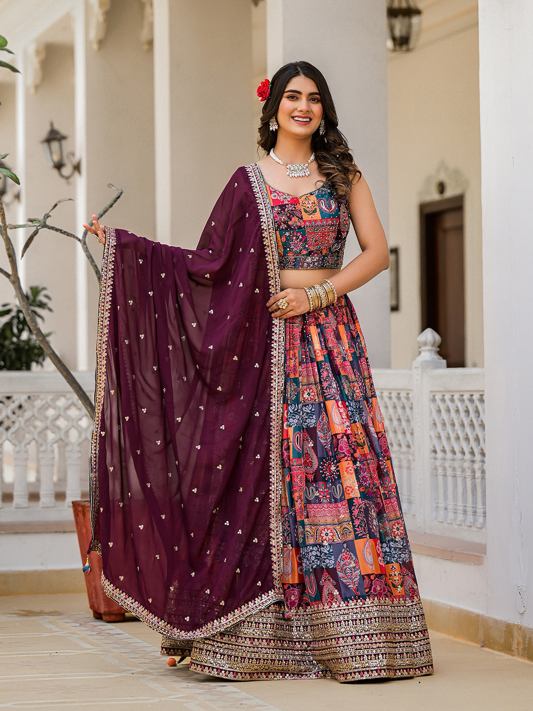 Printed Organza Choli With Lehenga &amp; Dupatta
