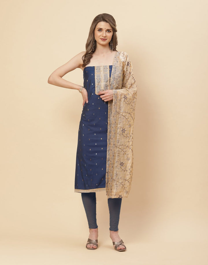 Embroidered Cotton Suit Piece With Embroidered Chanderi Dupatta