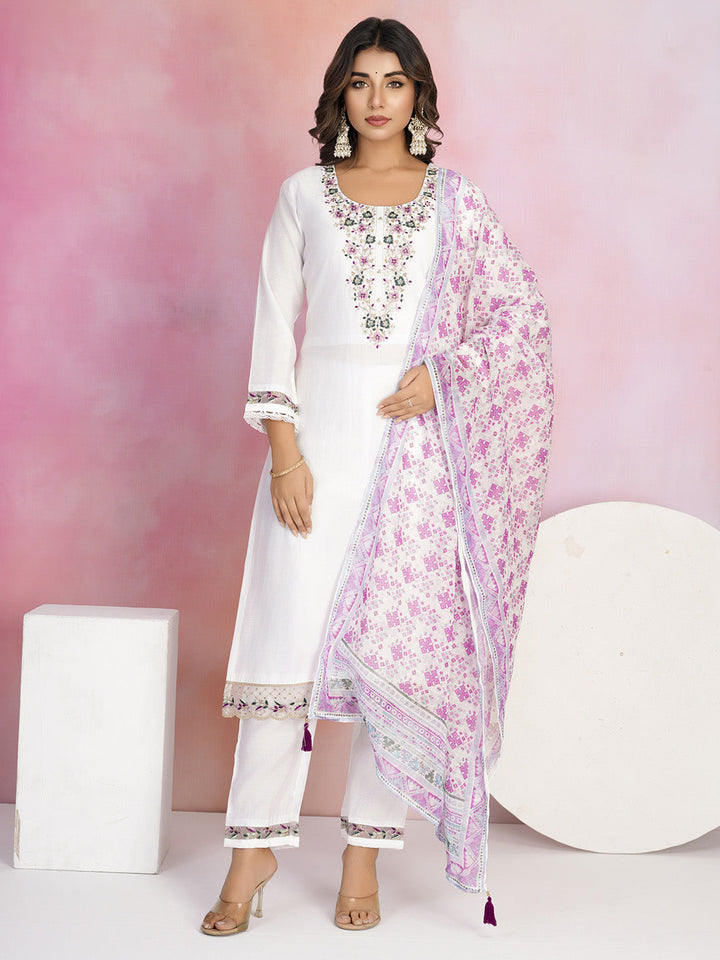 Neck Embroidery Cotton Blend Kurta With Pants &amp; Dupatta
