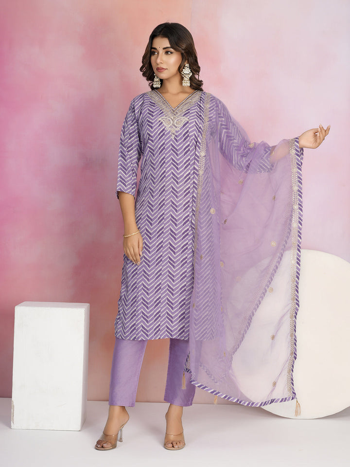 Printed Cotton Blend Kurta With Pants &amp; Dupatta