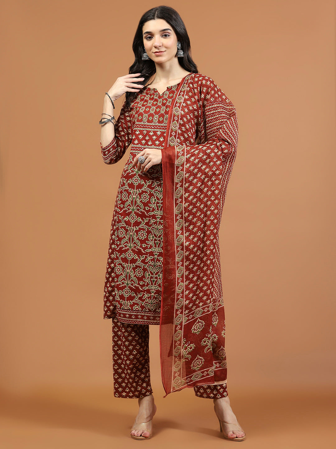 Printed Cotton Blend Kurta With Pants &amp; Dupatta
