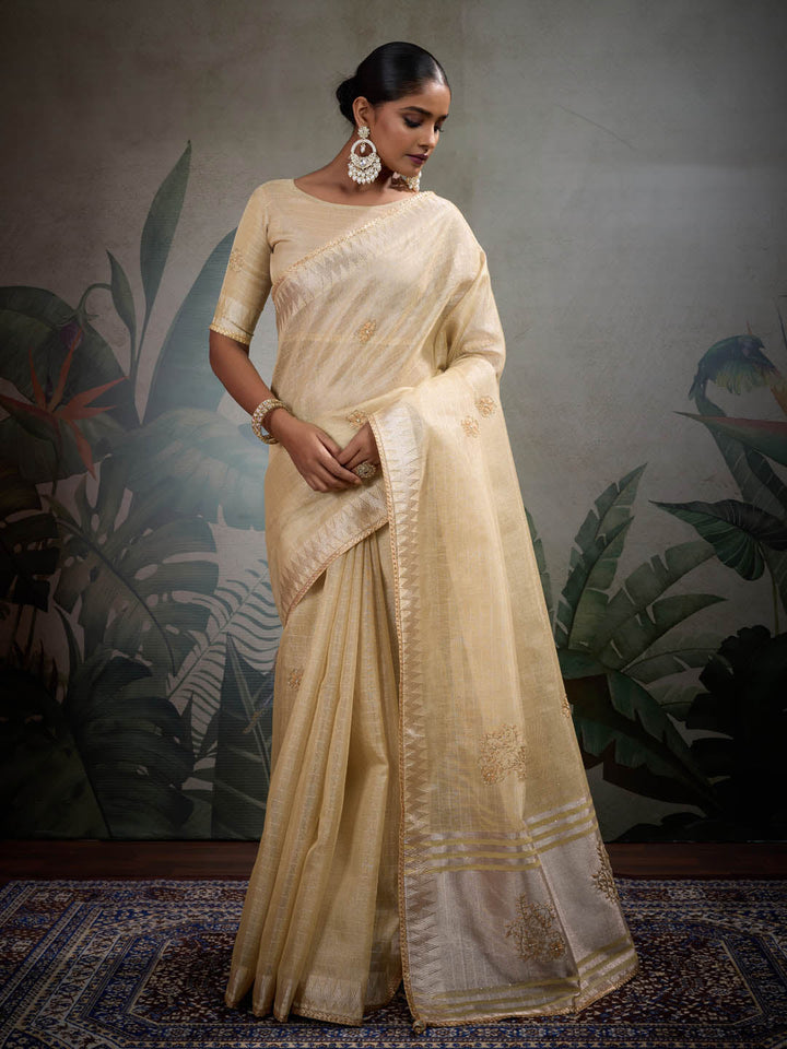 Thread Embroidered Woven Border Linen Saree