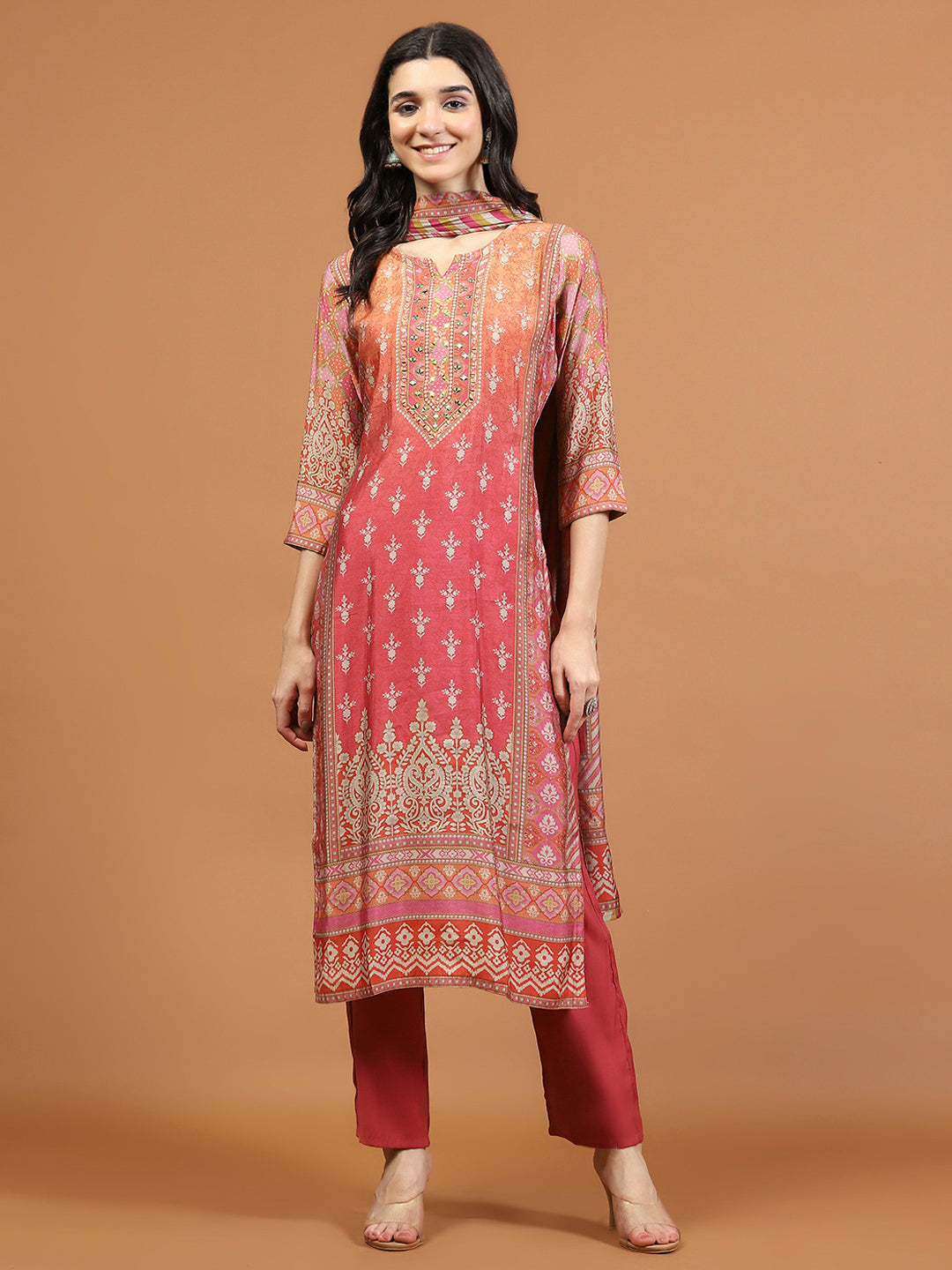 Neck Embroidered Muslin Kurta With Pants &amp; Dupatta