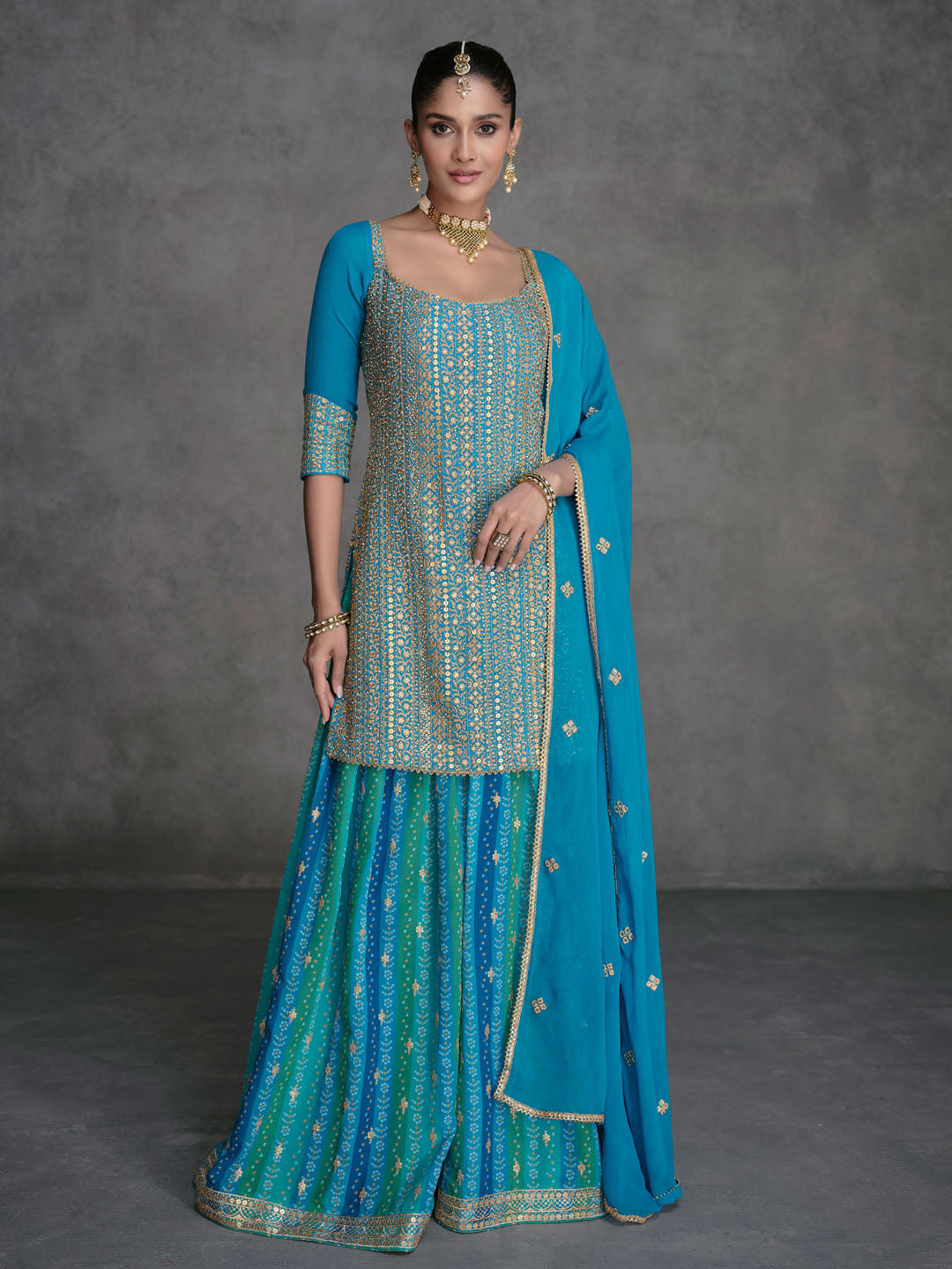 Embroidered Art Silk Suit With Plazzo &amp; Dupatta