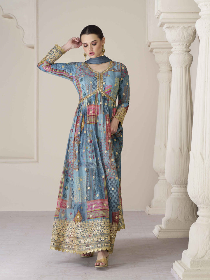 Blue Floral Printed Organza Anarkali Suit Set With Dupatta