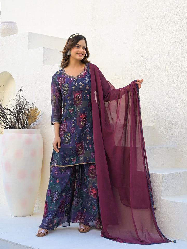 Digital Printed Organza Kurta With Palazzo &amp; Dupatta