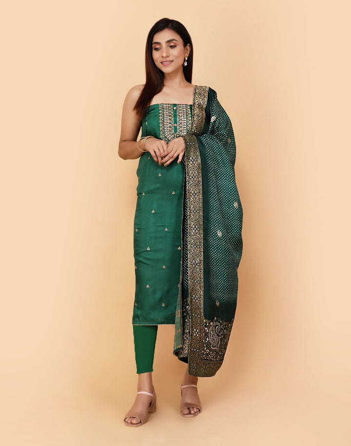 Embroidered Art Handloom Dupion Suit Piece With Printed Dupatta