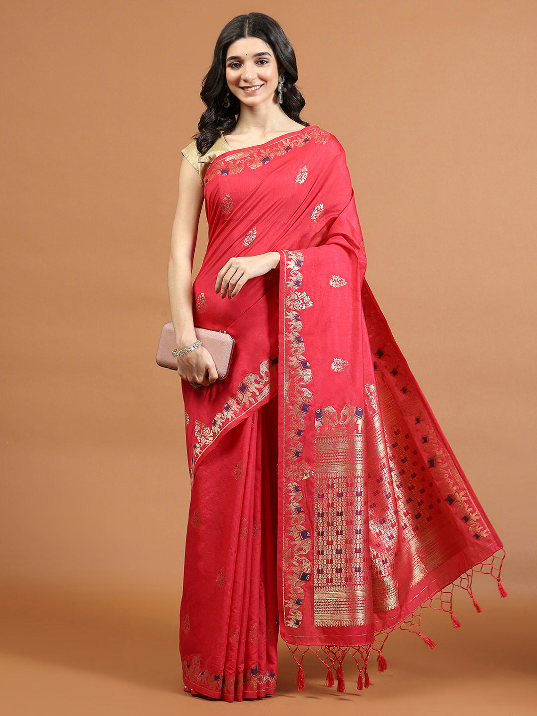 Zari Border Booti Art Silk Woven Saree