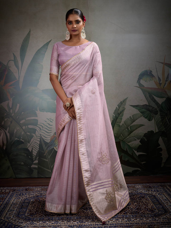 Thread Embroidered Woven Border Linen Saree