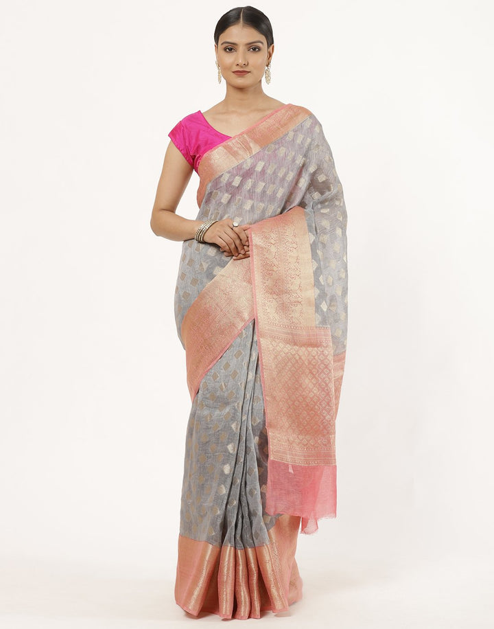 MBZ Meena Bazaar-Cotton Saree With Linen Texture and beautiful Pink Boarder