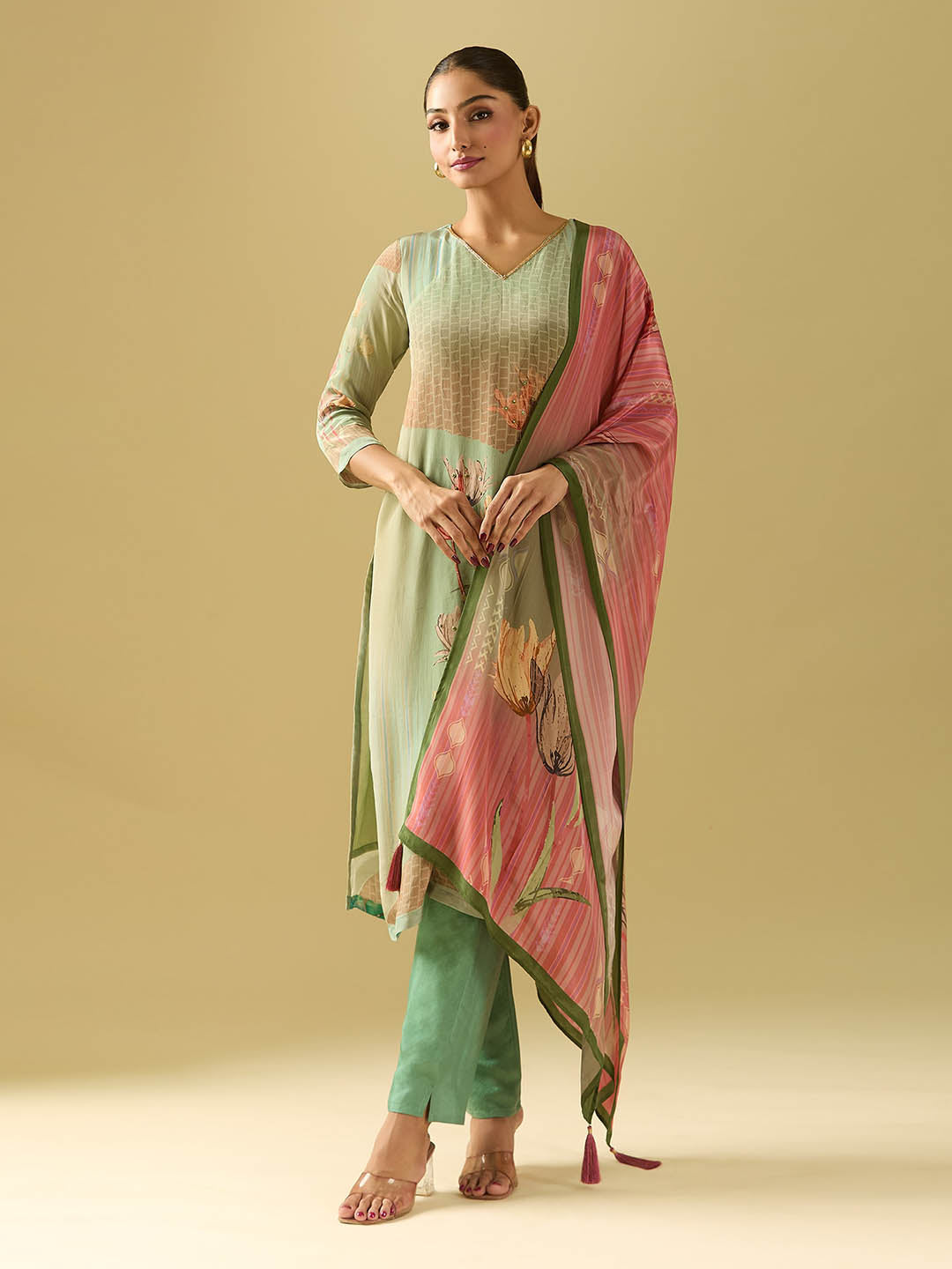 Neck Embroidery Crepe Kurta With Pants &amp; Dupatta