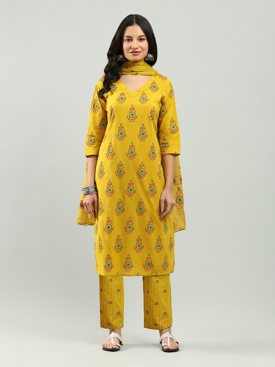 Printed Cotton Blend Kurta With Pants &amp; Dupatta