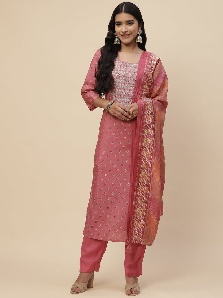 Printed Chanderi Kurta With Pants &amp; Dupatta