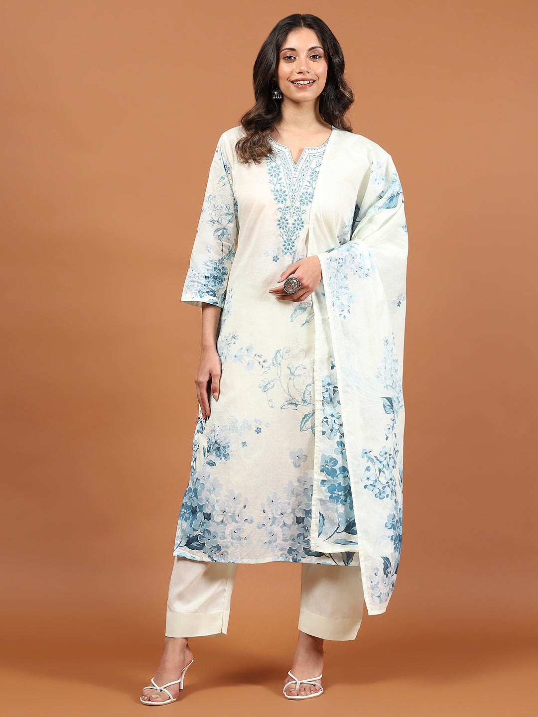 Printed Cotton Blend Kurta With Pants &amp; Dupatta