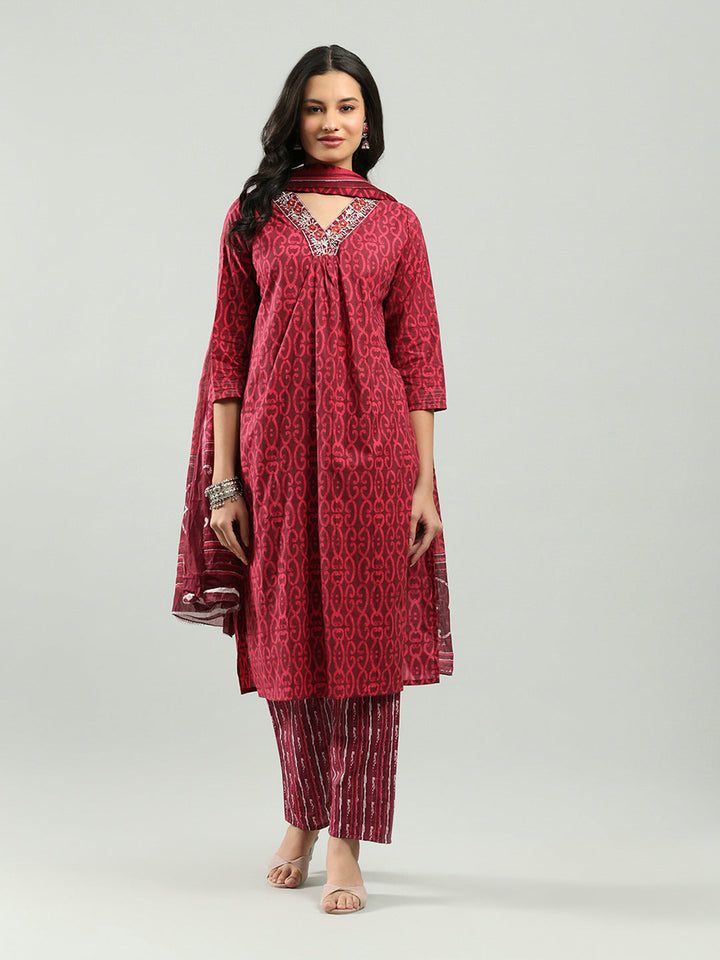 Printed Cotton Blend Kurta With Pants &amp; Dupatta
