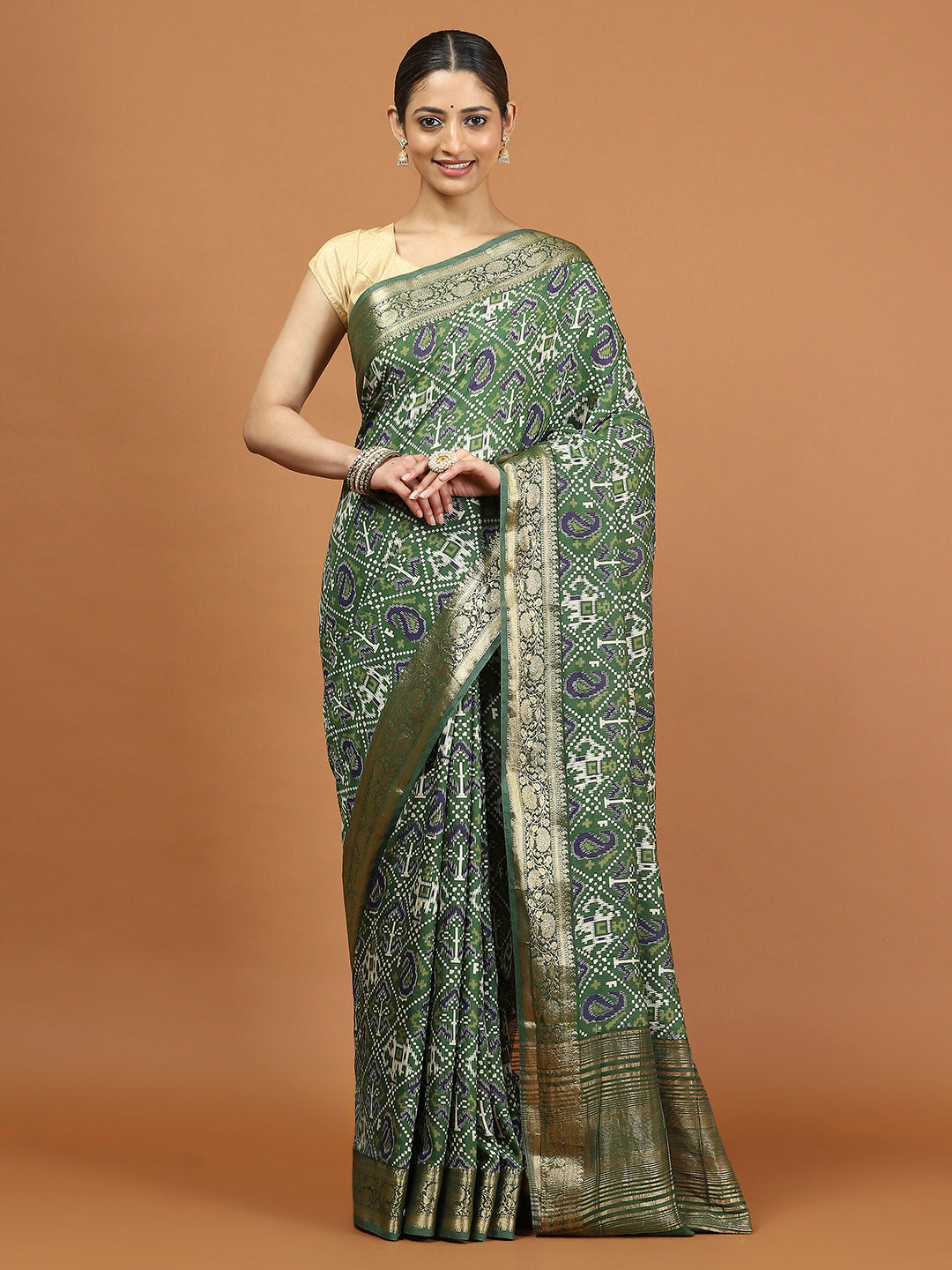 Patola Zari Border Printed Cotton Blend Woven Saree