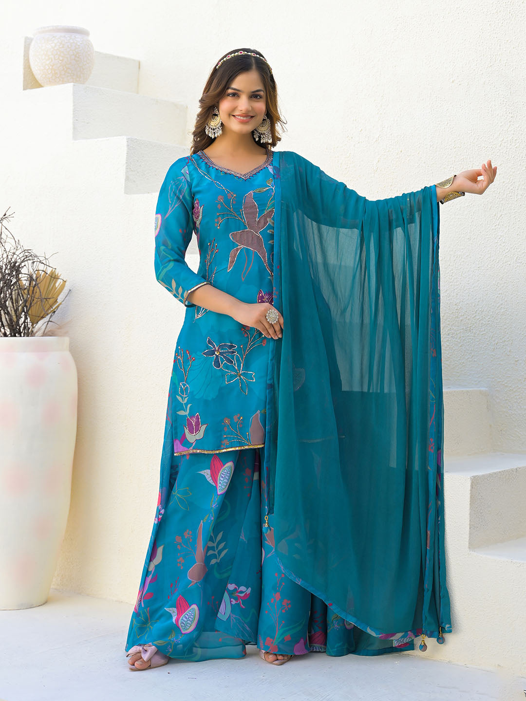 Neck Embroidery Georgette Kurta With Sharara And Dupatta