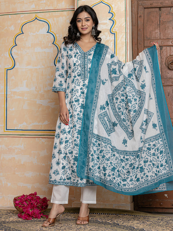 Printed Cotton Blend Kurta With Pants &amp; Dupatta