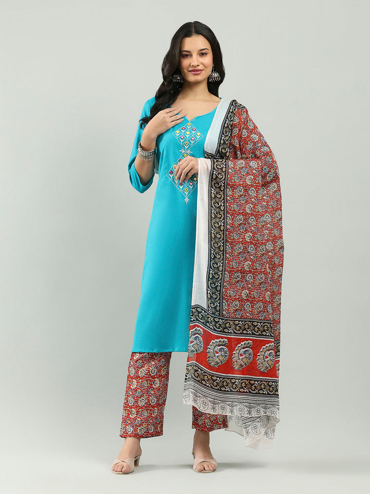 Printed Cotton Blend Kurta With Pants &amp; Dupatta