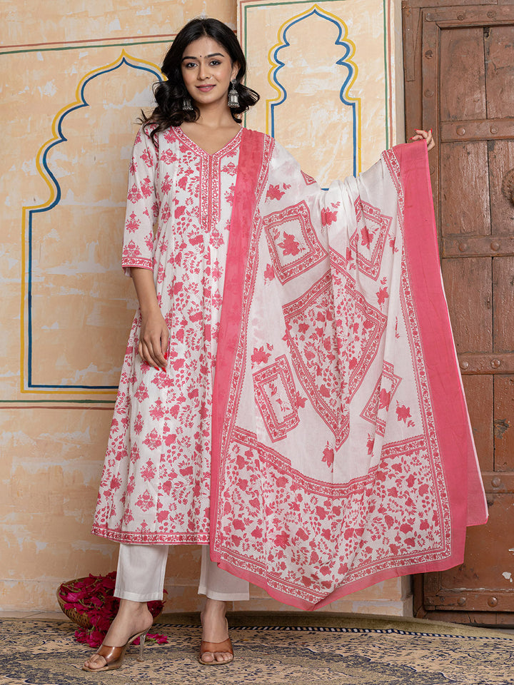 Printed Cotton Blend Kurta With Pants &amp; Dupatta