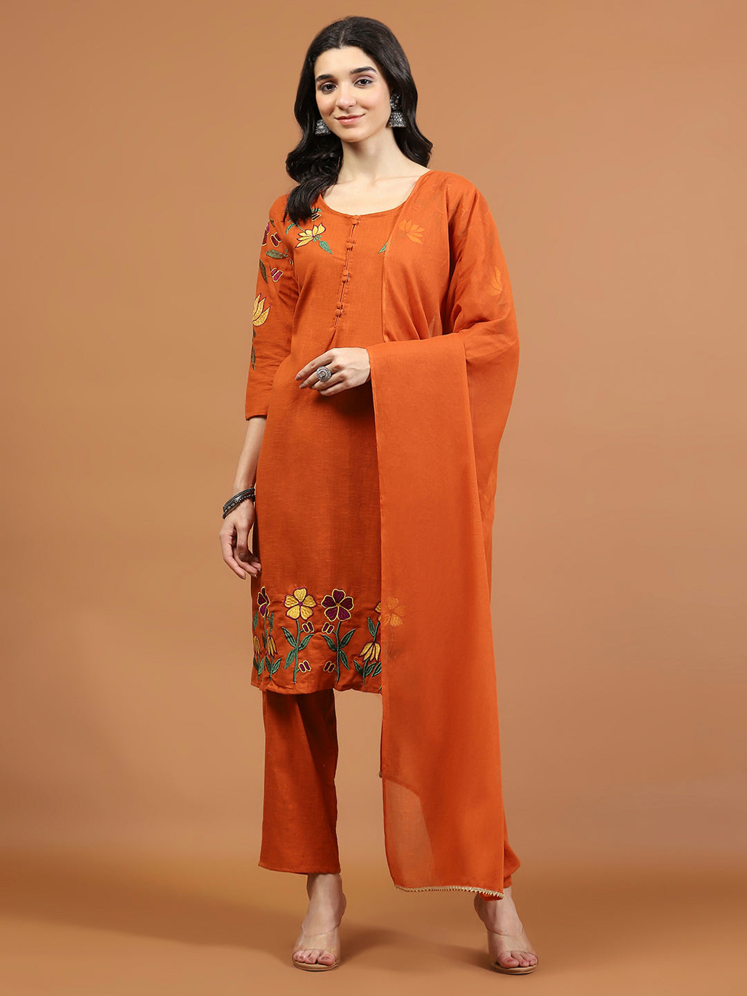 Embroidered Cotton Blend Kurta With Pants &amp; Dupatta