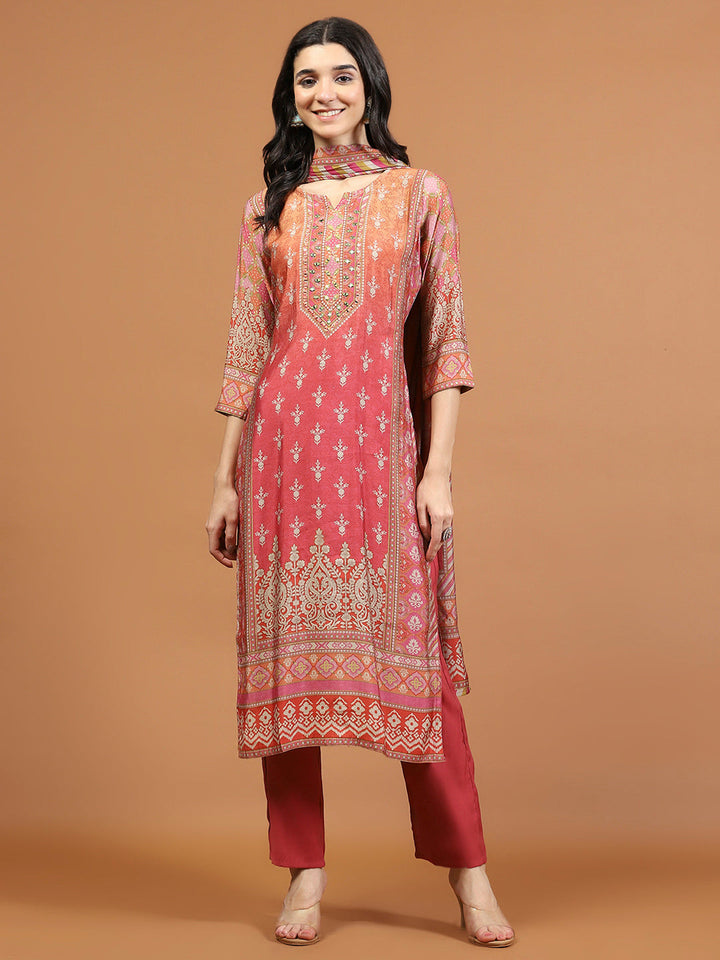 Neck Embroidered Muslin Kurta With Pants &amp; Dupatta