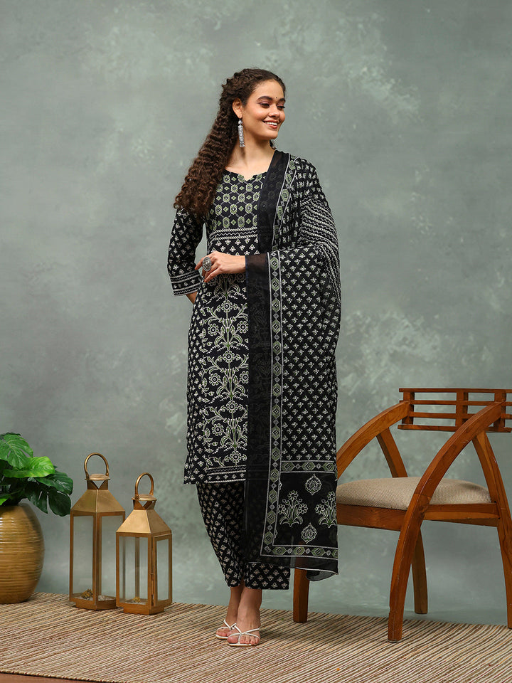 Printed Cotton Blend Kurta With Pants &amp; Dupatta