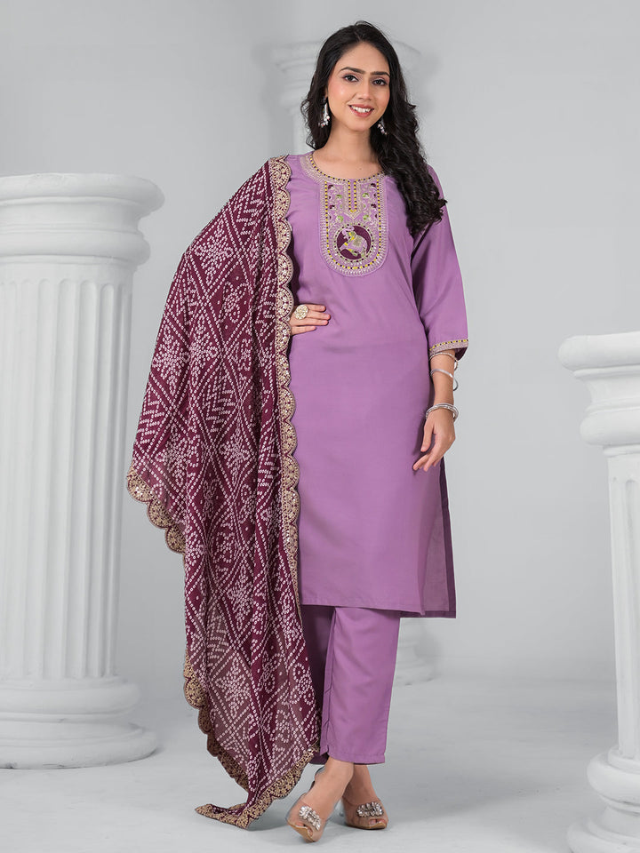 Embroidered Cotton Blend Kurta With Pants &amp; Dupatta