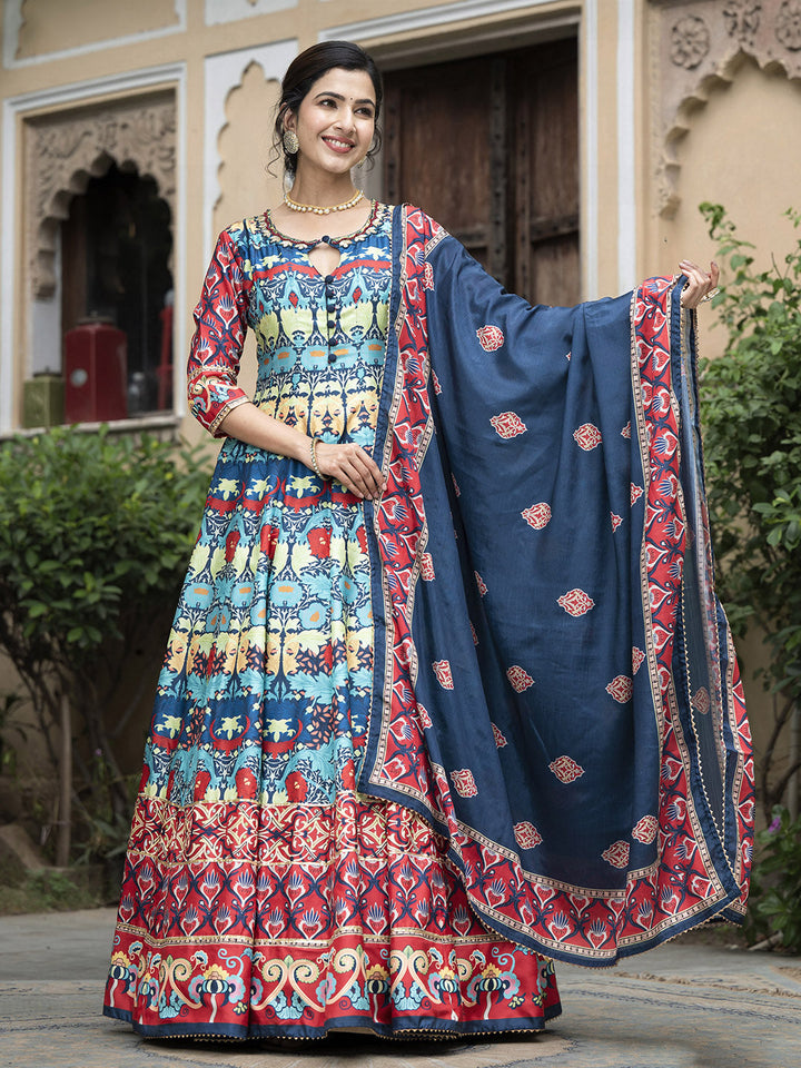 Digital Printed Anarkali Kurta With Churidar &amp; Dupatta