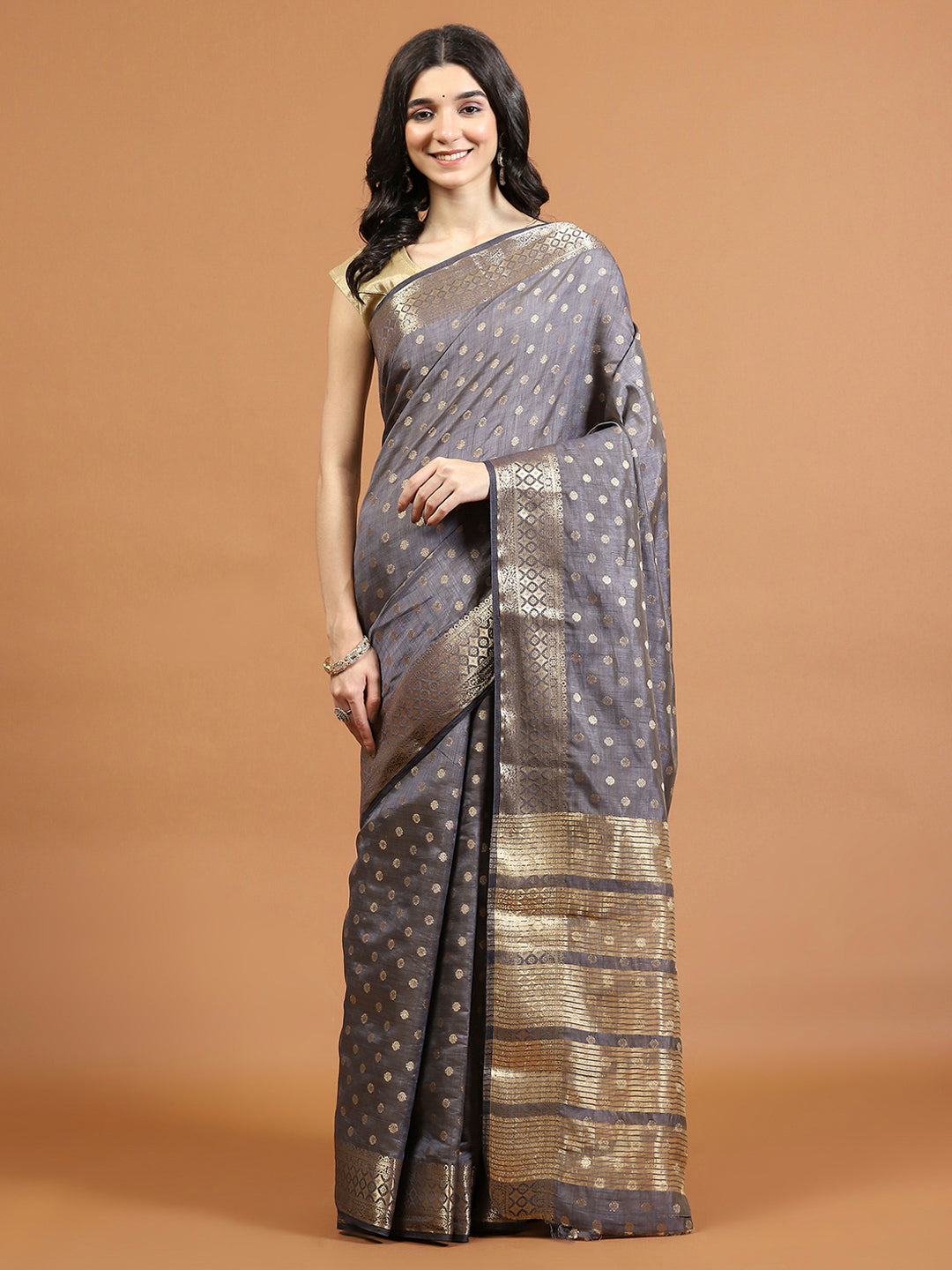 Zari Border Booti Art Silk Woven Saree