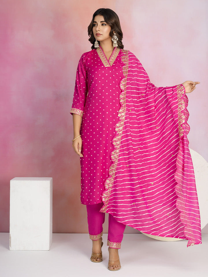 Bandhani Printed Cotton Blend Kurta With Pants &amp; Dupatta