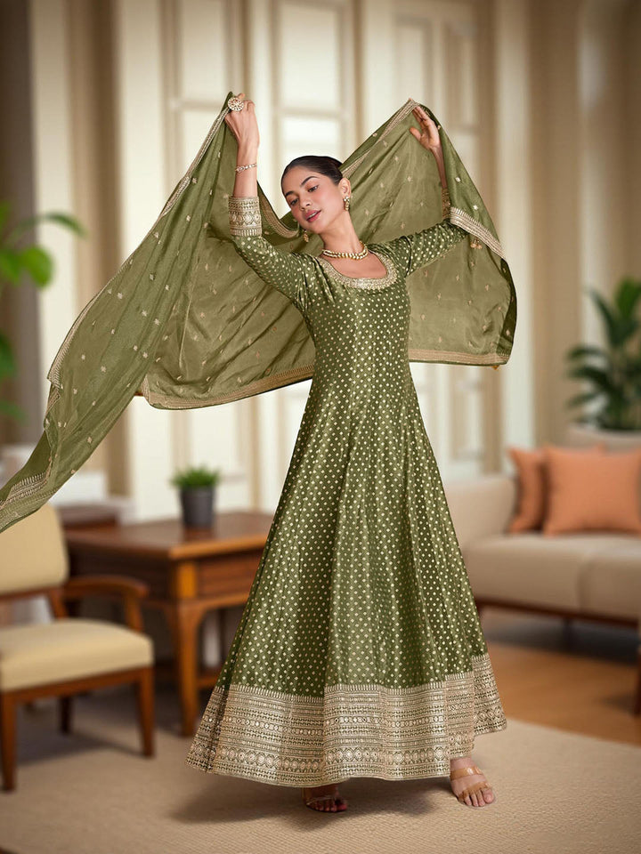 Banarsi Weave Tissue Kurta With Legging &amp; Dupatta