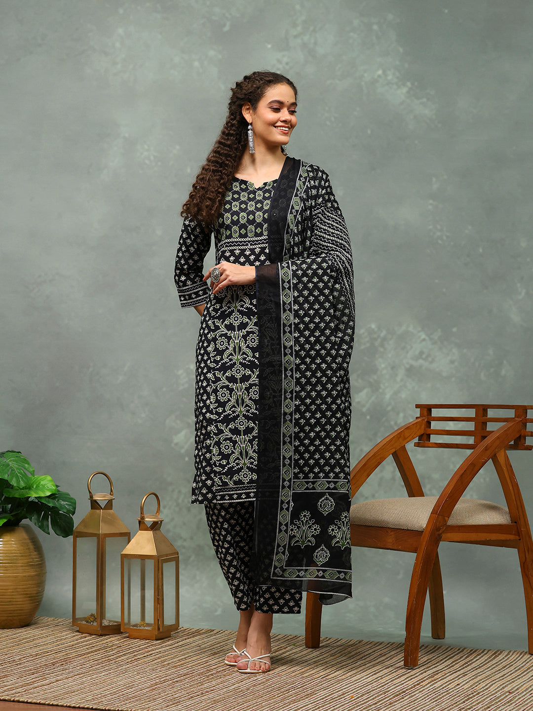 Printed Cotton Blend Kurta With Pants &amp; Dupatta