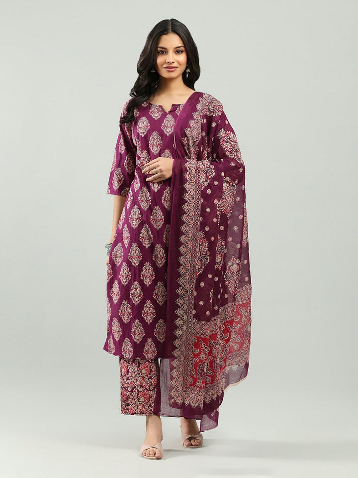 Printed Cotton Blend Kurta With Pants &amp; Dupatta