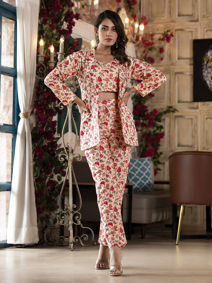 Printed Cotton Blend Top With Pants &amp; Jacket