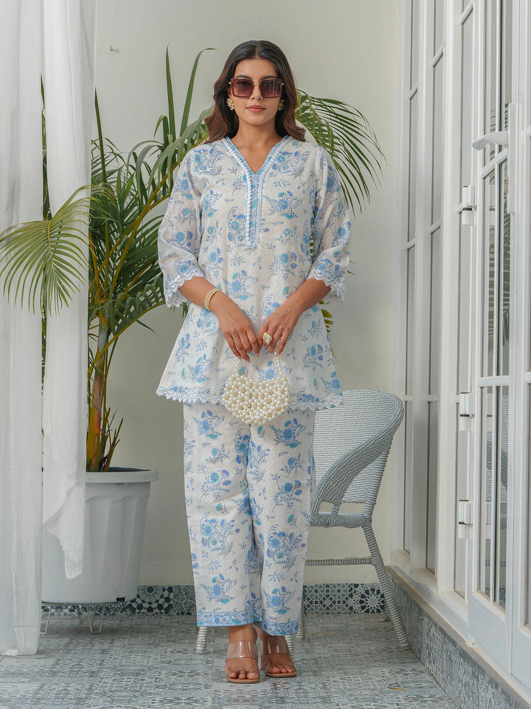 Printed &amp; Lace Work Cotton Blend Shirt With Pant