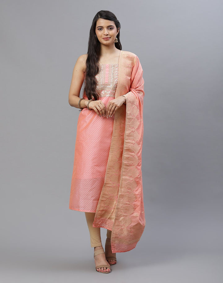 Embroidered Chanderi Suit Piece With Chanderi Banarasi Dupatta