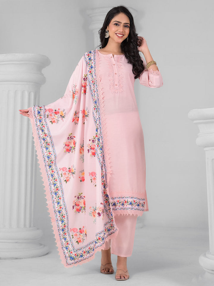 Printed Cotton Blend Kurta With Pants &amp; Dupatta