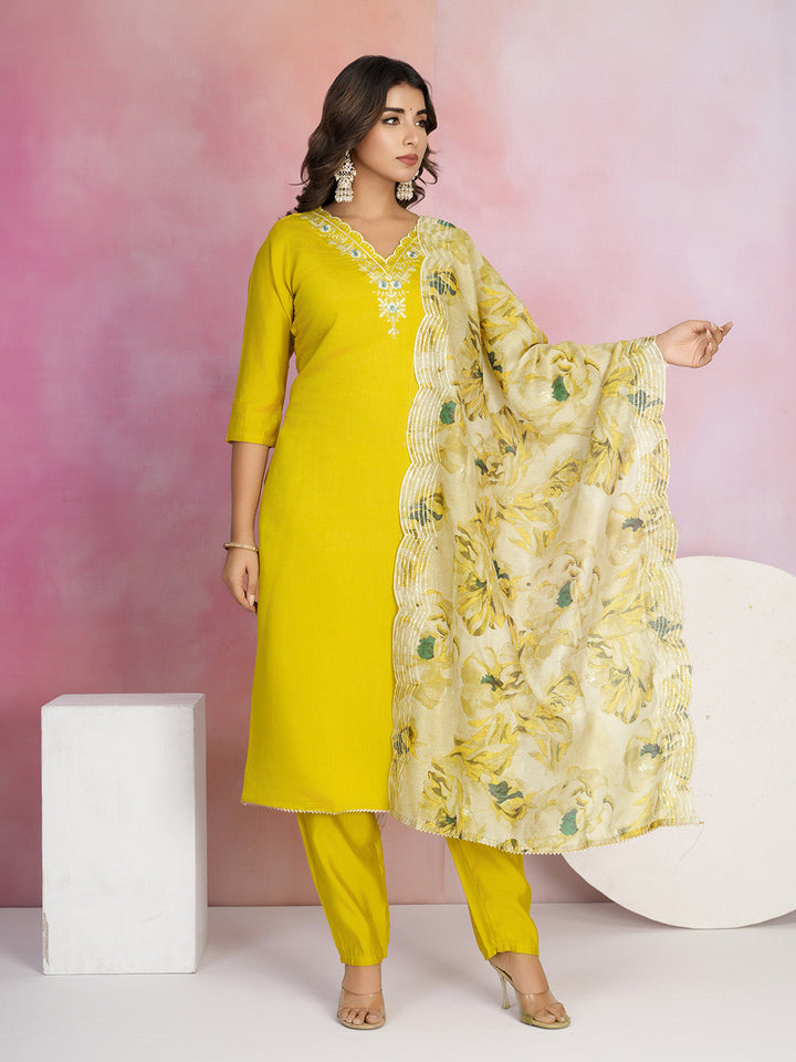 Plain Cotton Blend Kurta With Pants &amp; Dupatta