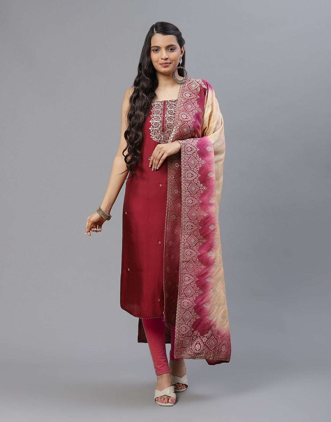 Embroidered Chanderi Suit Piece With Banarasi Dupatta