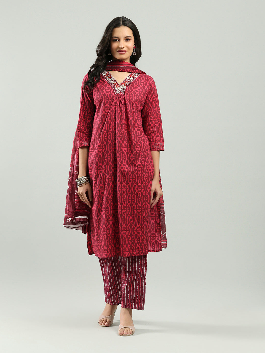 Printed Cotton Blend Kurta With Pants &amp; Dupatta