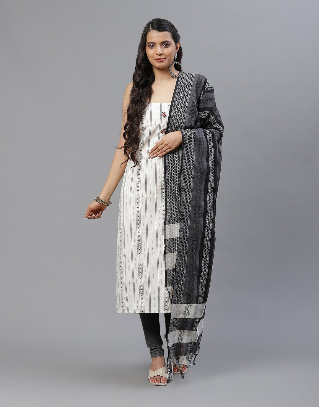 Kantha Work Embroidered Cotton Suit Piece With Chanderi Dupatta