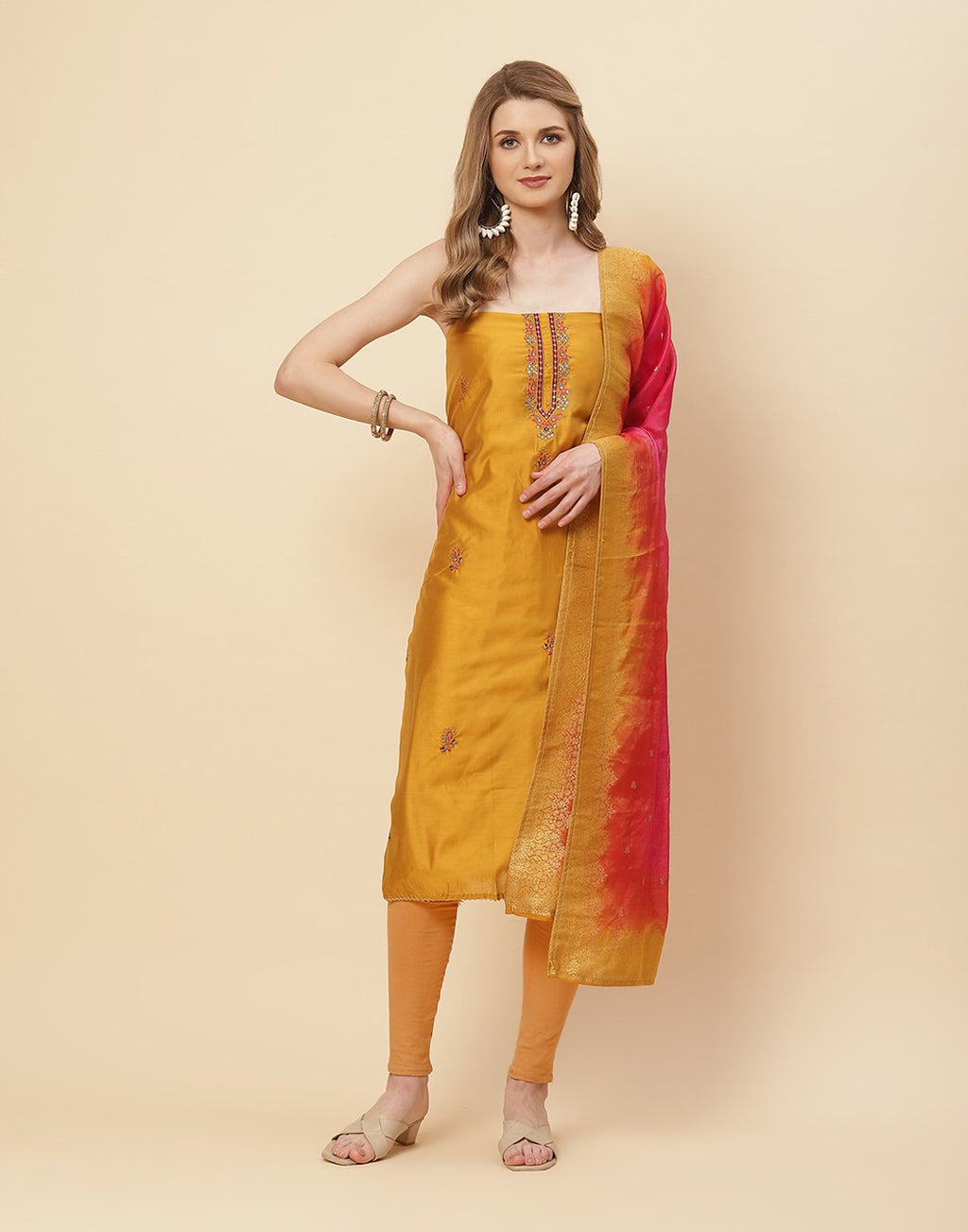 Embroidered Chanderi Suit Piece with Banarasi Dupatta