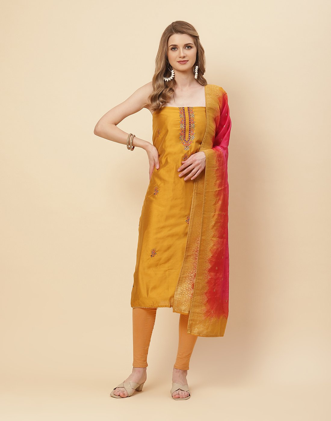 Embroidered Chanderi Suit Piece with Banarasi Dupatta